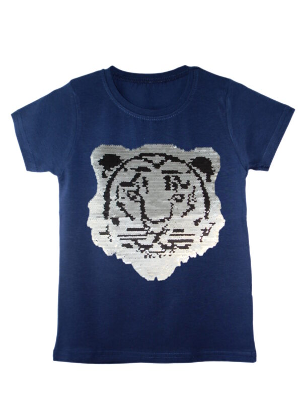Kids Tiger Brush Changing Sequin T-Shirt - Navy Blue