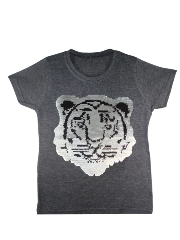 Kids Tiger Brush Changing Sequin T-Shirt - Charcoal