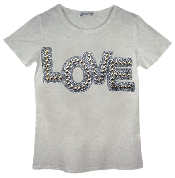 Girls Shiny Love & Trainers Print T-Shirts - Grey Love
