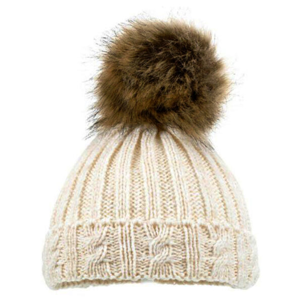 Baby Knitted Pom Pom Winter Hat - Beige with Golden Pom