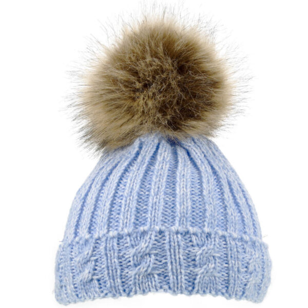 Baby Knitted Pom Pom Winter Hat - Blue with Golden Pom