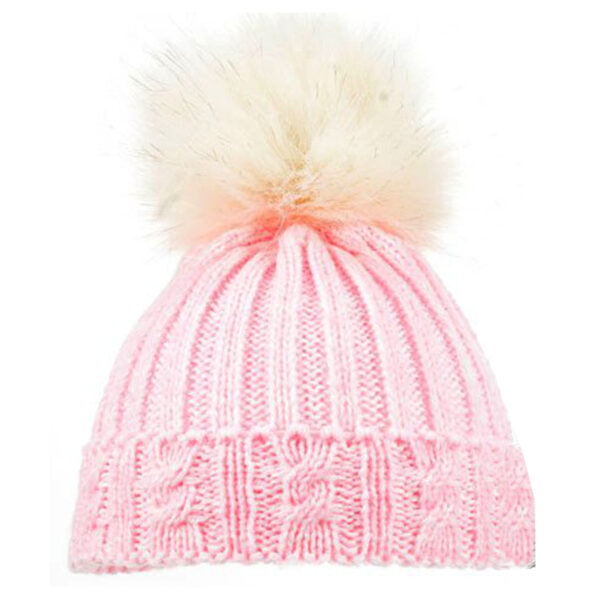 Baby Knitted Pom Pom Winter Hat - Pink with Blonde Pom