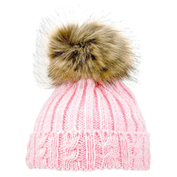Baby Knitted Pom Pom Winter Hat - Pink with Golden Pom