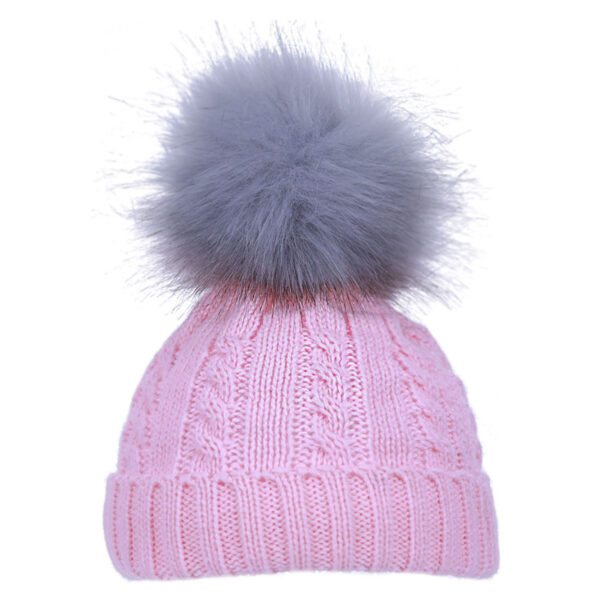 Baby Knitted Pom Pom Winter Hat - Pink with Grey Pom