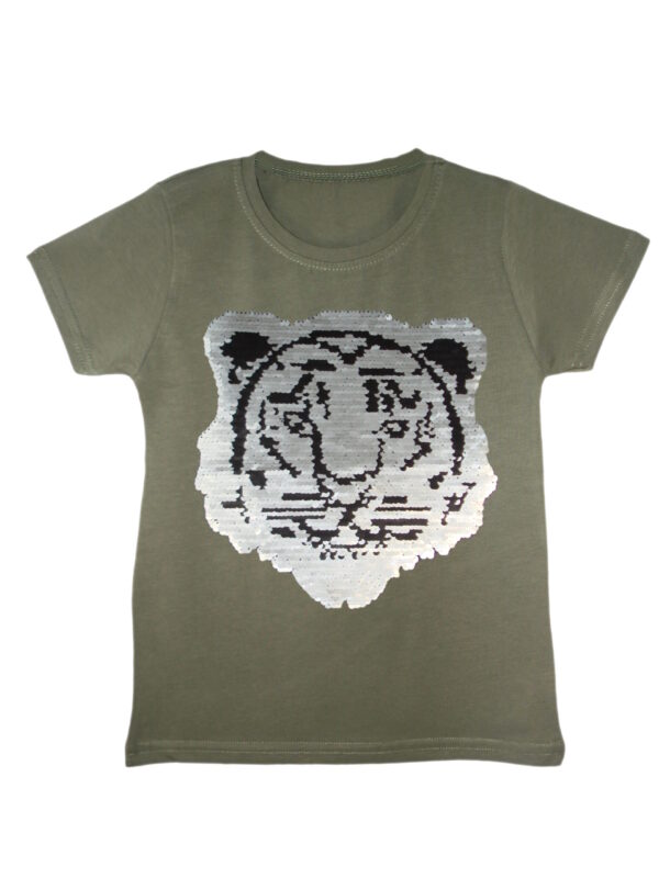 Kids Tiger Brush Changing Sequin T-Shirt - Khaki
