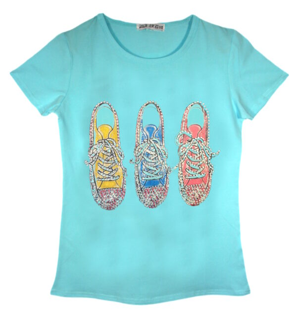 Girls Shiny Love & Trainers Print T-Shirts - Mint Shoe
