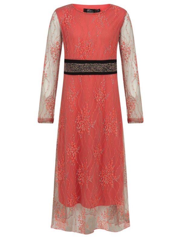 Girls Floral Lace Maxi Dress - Coral