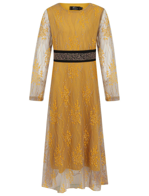 Girls Floral Lace Maxi Dress - Mustard