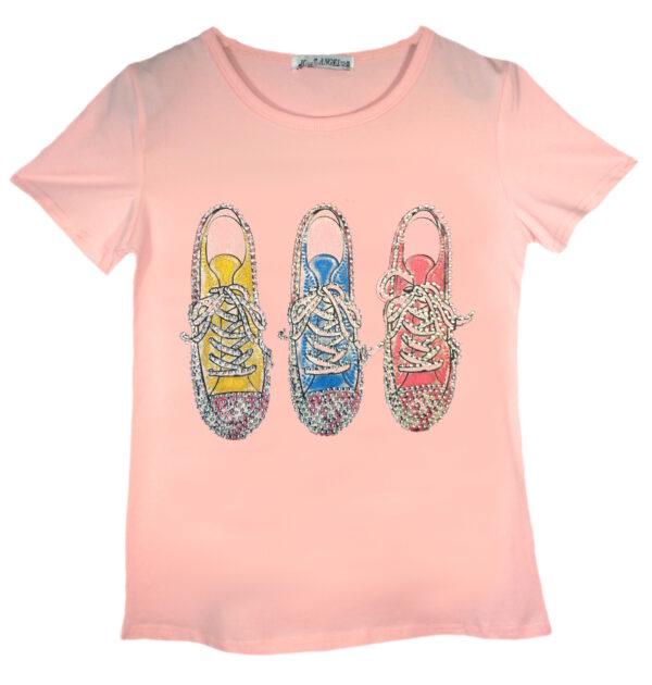 Girls Shiny Love & Trainers Print T-Shirts - Pink Shoe