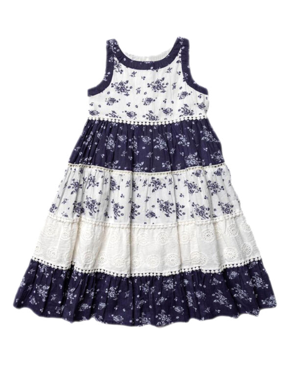 Girls Cotton Summer Patterned Dresses - Navy and White
