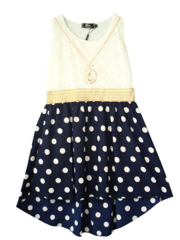 Girls Asymmetrical Polka Dots Dress - Navy Dots