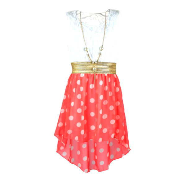 Girls Asymmetrical Polka Dots Dress - Coral Dots