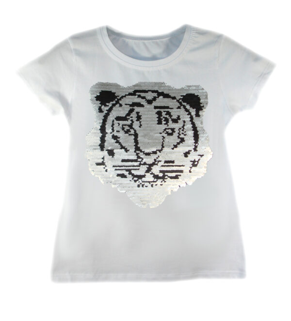 Kids Tiger Brush Changing Sequin T-Shirt - White