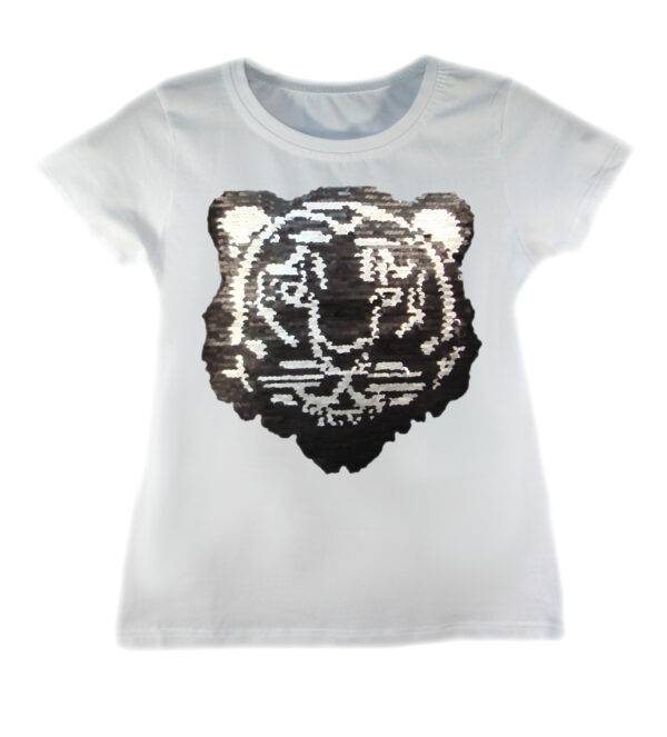 Kids Tiger Brush Changing Sequin T-Shirt - White