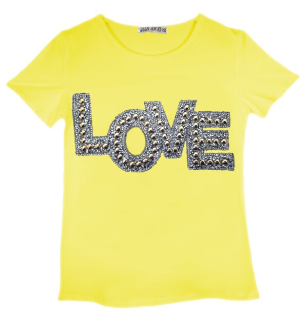 Girls Shiny Love & Trainers Print T-Shirts - Yellow Love