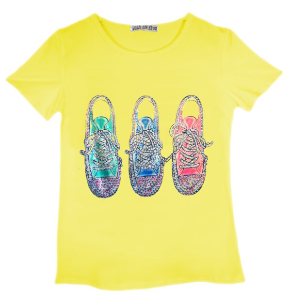 Girls Shiny Love & Trainers Print T-Shirts - Yellow Shoe