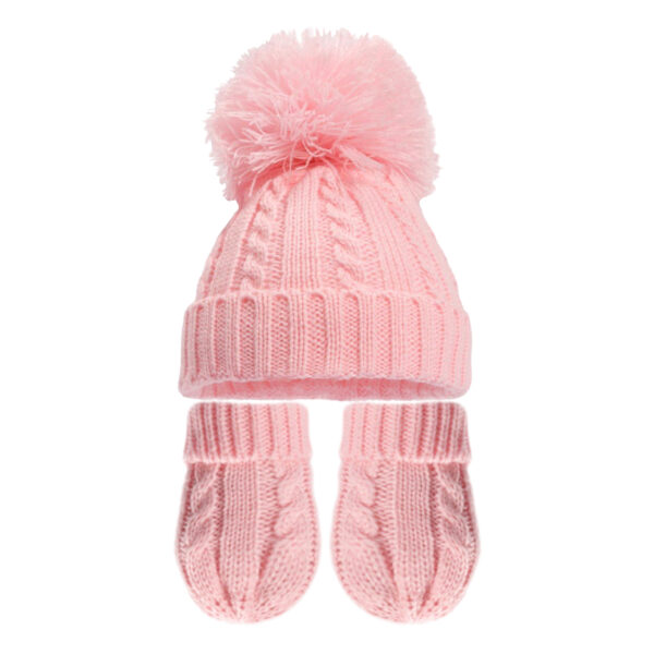 Knitted Bobble Hat and Gloves Set - Pink