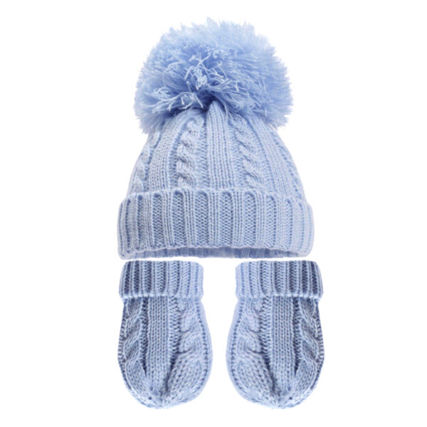 Knitted Bobble Hat and Gloves Set - Blue