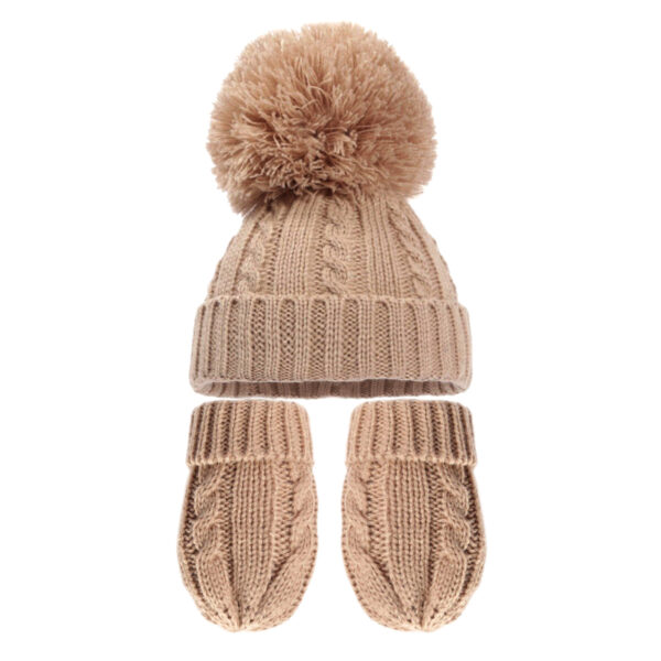 Knitted Bobble Hat and Gloves Set - Beige