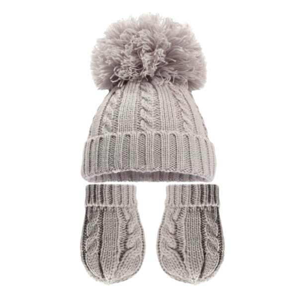 Knitted Bobble Hat and Gloves Set - Grey