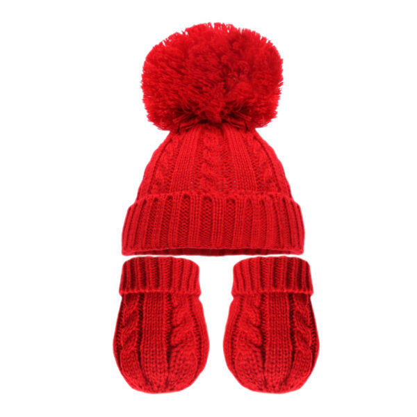 Knitted Bobble Hat and Gloves Set - Red