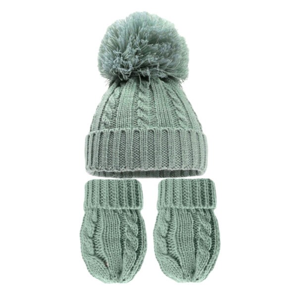 Knitted Bobble Hat and Gloves Set - Green