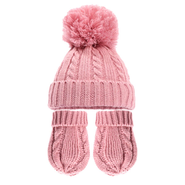 Knitted Bobble Hat and Gloves Set - Dusty Pink