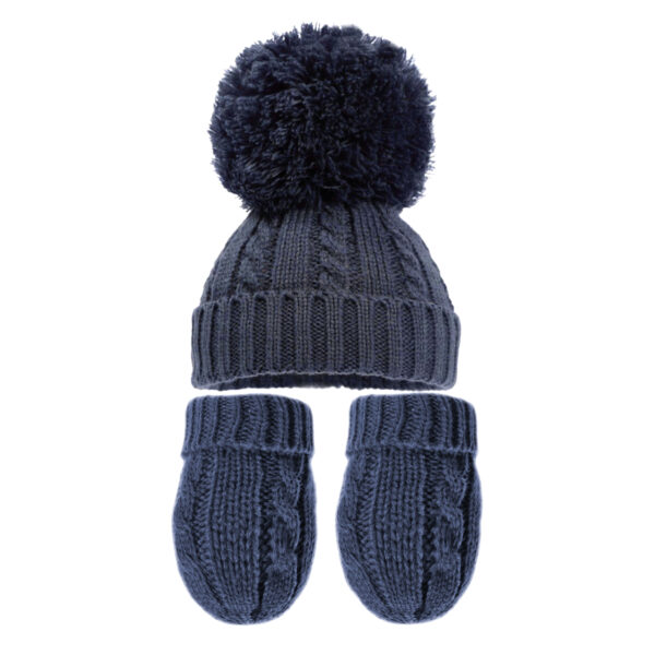 Knitted Bobble Hat and Gloves Set - Navy Blue