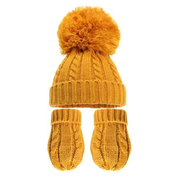 Knitted Bobble Hat and Gloves Set - Mustard