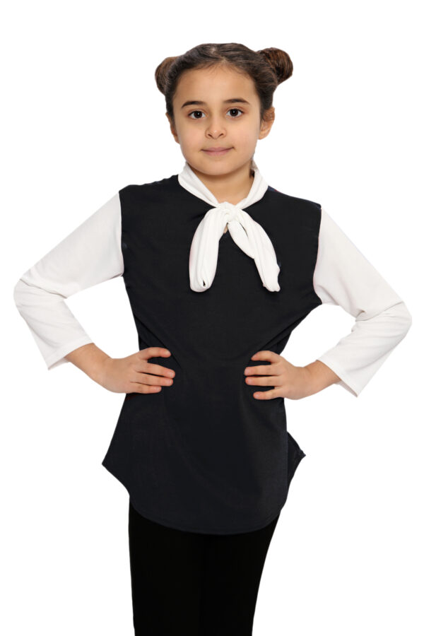 Girls Contrast Collar Tie Bow Knot Tops - Black