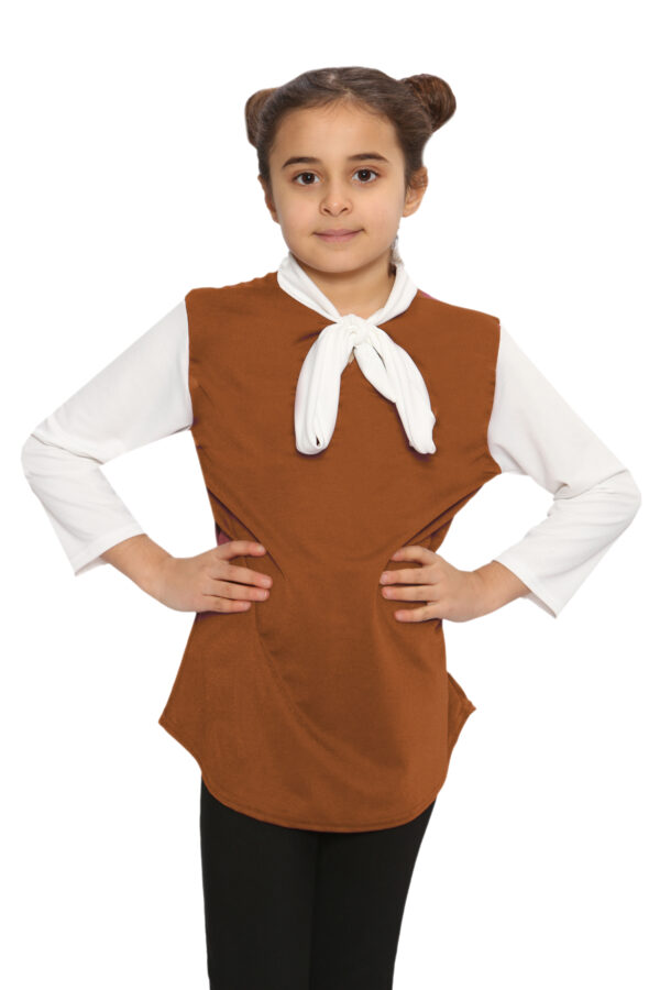 Girls Contrast Collar Tie Bow Knot Tops - Brown