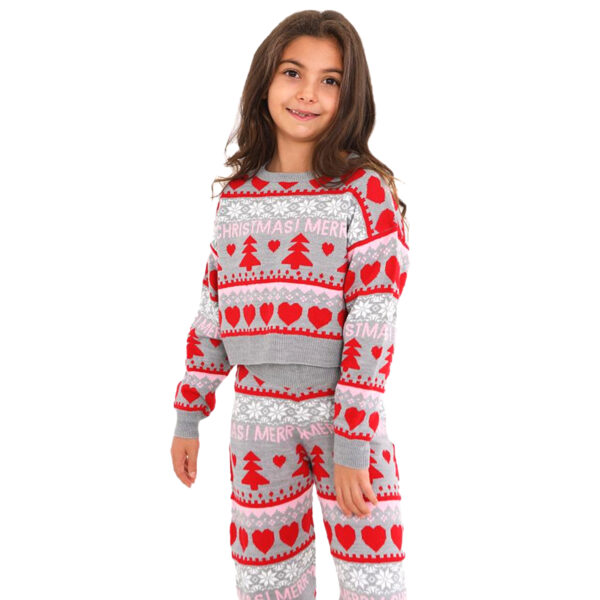 Girls Christmas Fairisle Jacquard Pyjama Set - Grey and Red