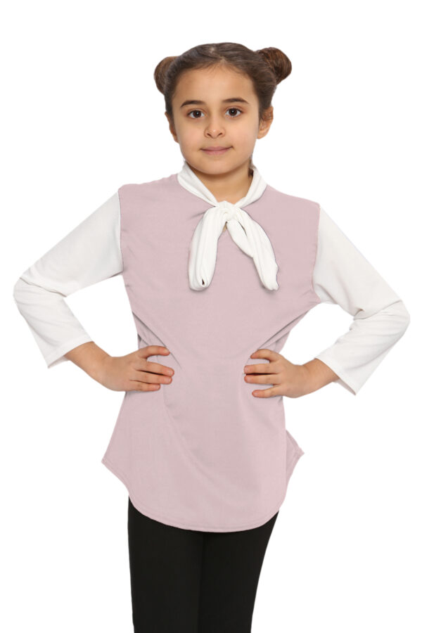 Girls Contrast Collar Tie Bow Knot Tops - Pink