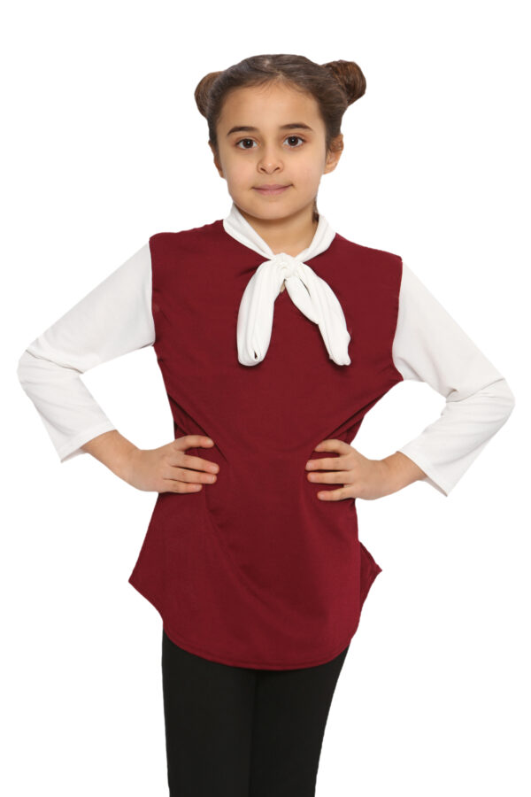Girls Contrast Collar Tie Bow Knot Tops - Wine