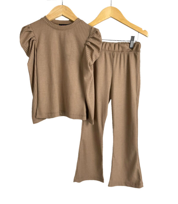 Girls Lounge Wear Puff Sleeve Top and Pants Outfit - Brown