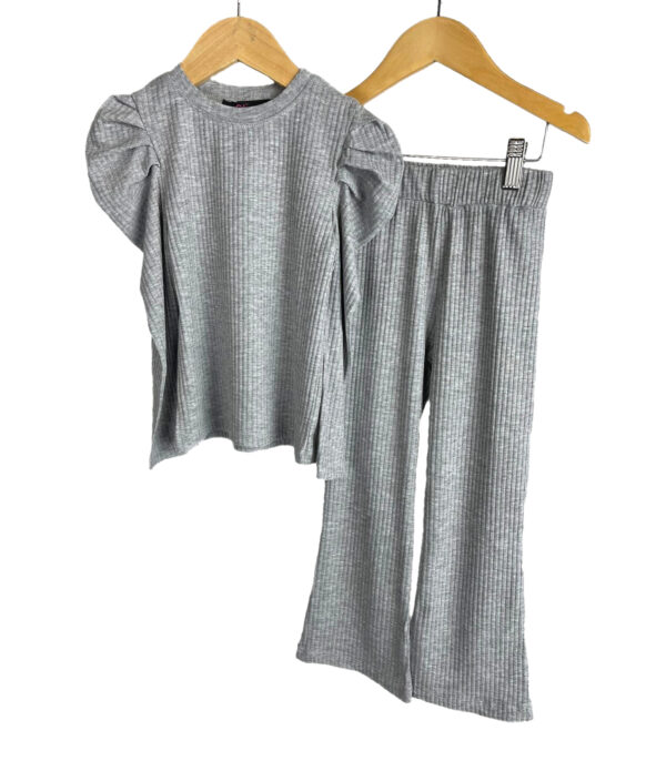 Girls Lounge Wear Puff Sleeve Top and Pants Outfit - Grey