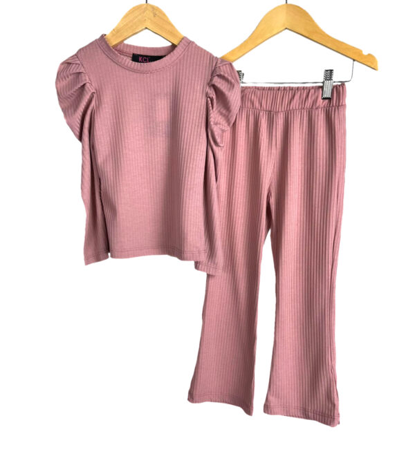 Girls Lounge Wear Puff Sleeve Top and Pants Outfit - Pink