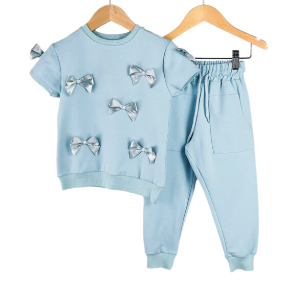 Girls Loungewear Tracksuit Fancy Satin Bow Outfits - Blue