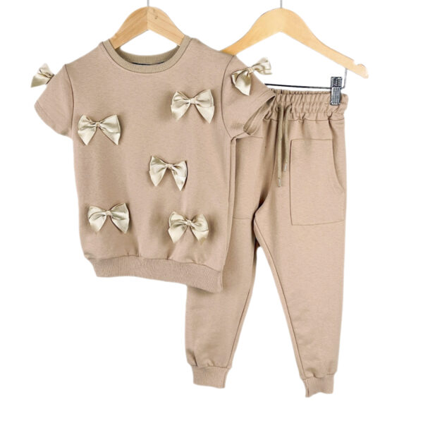 Girls Loungewear Tracksuit Fancy Satin Bow Outfits - Brown