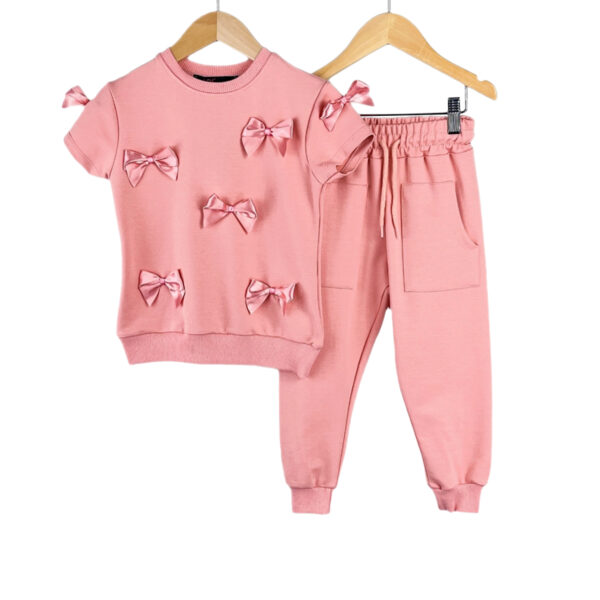 Girls Loungewear Tracksuit Fancy Satin Bow Outfits - Pink