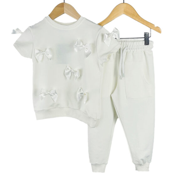 Girls Loungewear Tracksuit Fancy Satin Bow Outfits - White